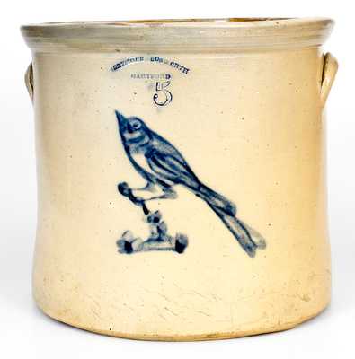 SEYMOUR & BOSWORTH / HARTFORD, CT Stoneware Crock w/ Cobalt Bird-on-Stump Decoration