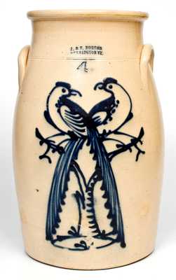 Outstanding J. & E. NORTON / BENNINGTON, VT Stoneware Churn w/ Cobalt Double-Pheasant Decoration