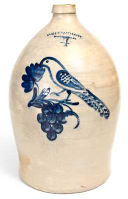 Exceptional COWDEN & WILCOX / HARRISBURG, PA Stoneware Jug w/ Cobalt Bird and Grapes Motif