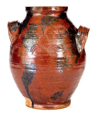 Very Rare Open-Handled Redware Jar with Incised Sine Wave Decoration, possibly Southwestern Virginia