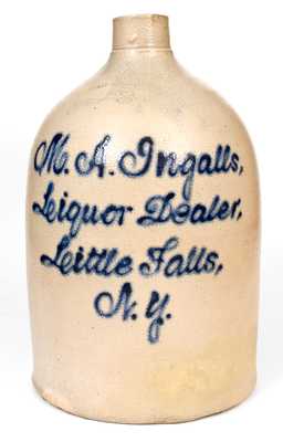 M. A. Ingalls / Little Falls, NY Stoneware Script Advertising Jug