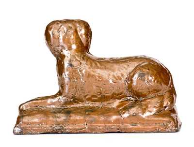Stoneware Reclining Dog Doorstop, Jane Lew, WV, circa 1880, Chocolate-Brown Glaze