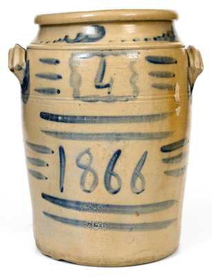 Scarce Four-Gallon 1866 Stoneware Jar w/ Elaborate Freehand Decoration, att. A.P. Donaghho, Fredericktown, PA