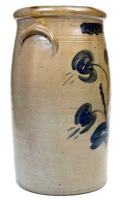 Exceptional Four-Gallon Stoneware Churn w/ Elaborate Floral Decoration, att. S.A. Colvin & Sons, Jane Lew, WV
