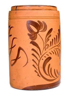 Outstanding 1888 Tanware Canister w/ Elaborate Albany Slip Floral Decoration