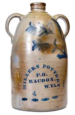 Exceedingly Rare MILLERS POTTERY. / P.O. / RACOON, / W.VA. Double-Handled Stoneware Jug