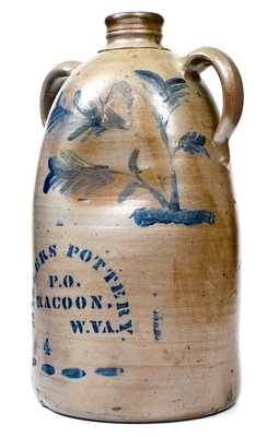 Exceedingly Rare MILLERS POTTERY. / P.O. / RACOON, / W.VA. Double-Handled Stoneware Jug