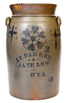 Fine and Scarce J.P. PARKER / JANE LEW / W VA. Three-Gallon Stoneware Churn