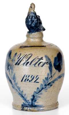Exceedingly Rare Remmey Stoneware Presentation Bank with Bird Finial, 