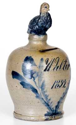 Exceedingly Rare Remmey Stoneware Presentation Bank with Bird Finial, 