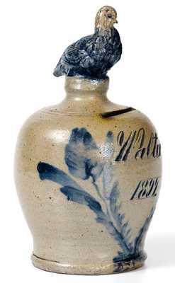 Exceedingly Rare Remmey Stoneware Presentation Bank with Bird Finial, 
