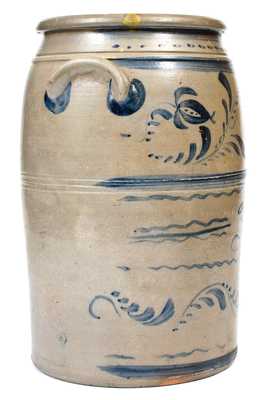 Fine 3 Gal. Western PA Stoneware Jar w/ Brushed Floral Vine and Line Decoration