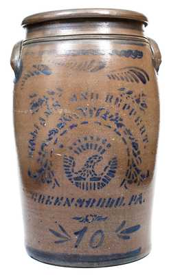 10 Gal. WILLIAMS & REPPERT / GREENSBORO, PA Stoneware Jar w/ Stenciled Eagle Decoration