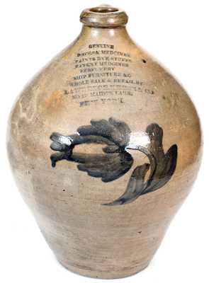 Exceptional Three-Gallon Manhattan Stoneware Advertising Jug, circa 1840