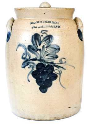 Unusual Three-Gallon Cowden & Wilcox Stoneware Jar w/ Grapes Design (Inverted Maker s Mark)