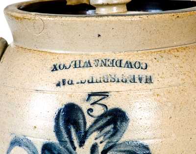 Unusual Three-Gallon Cowden & Wilcox Stoneware Jar w/ Grapes Design (Inverted Maker s Mark)
