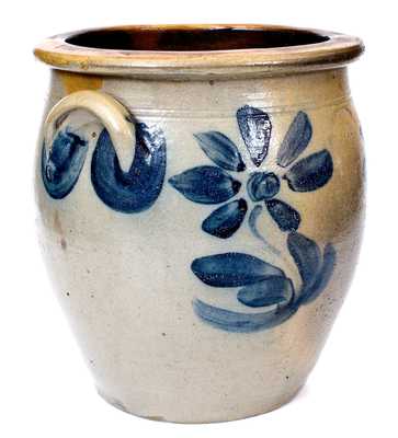 Exceptional R. W. RUSSELL, Beaver, PA Stoneware Jar w/ Bold Cobalt Floral Decoration