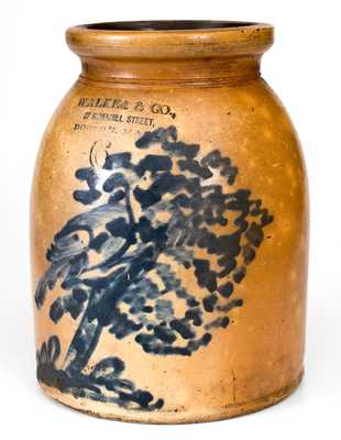 Boston, Mass. Stoneware Advertising Jar with Elaborate Bird and Tree Decoration