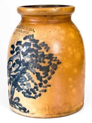 Boston, Mass. Stoneware Advertising Jar with Elaborate Bird and Tree Decoration