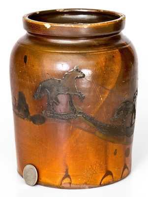 Unusual Albany Slip Stoneware Jar with Cobalt Horses Decoration