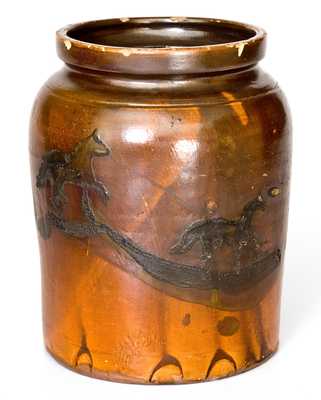 Unusual Albany Slip Stoneware Jar with Cobalt Horses Decoration