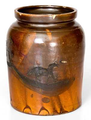 Unusual Albany Slip Stoneware Jar with Cobalt Horses Decoration