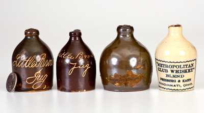 Lot of Four: Miniature Stoneware Jugs incl. "Maryland Dutch Distillery Rye," "Metropolitan Club Whiskey," Bennington Little Brown Jugs