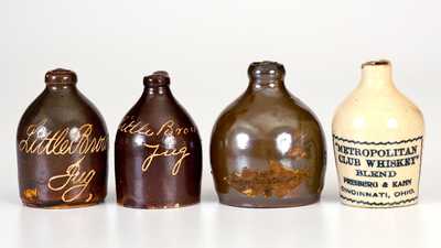 Lot of Four: Miniature Stoneware Jugs incl. "Maryland Dutch Distillery Rye," "Metropolitan Club Whiskey," Bennington Little Brown Jugs