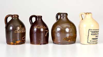 Lot of Four: Miniature Stoneware Jugs incl. "Maryland Dutch Distillery Rye," "Metropolitan Club Whiskey," Bennington Little Brown Jugs
