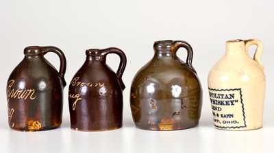 Lot of Four: Miniature Stoneware Jugs incl. "Maryland Dutch Distillery Rye," "Metropolitan Club Whiskey," Bennington Little Brown Jugs