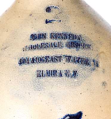 Outstanding JOHN KENNEDY / ELMIRA, NY Advertising Jug w/ Bold Whites Utica Bird Decoration