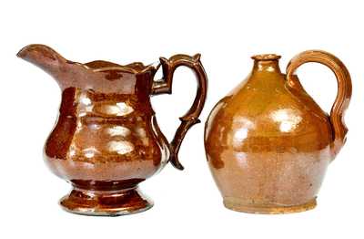 Lot of Two: Molded Pennsylvania Redware Pitcher and Ovoid Redware Jug