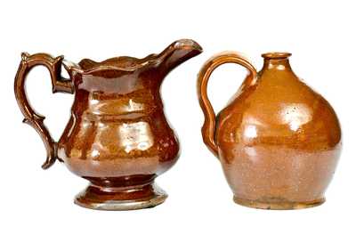 Lot of Two: Molded Pennsylvania Redware Pitcher and Ovoid Redware Jug