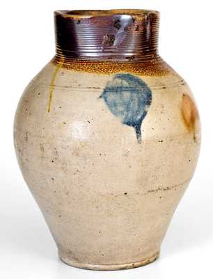 Rare Brown-Dipped, Cobalt-Decorated Stoneware Pitcher, northeastern U.S. origin