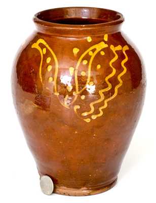 Rare and Fine Glazed PA Redware Jar with Elaborate Yellow-Slip Tulip Decoration