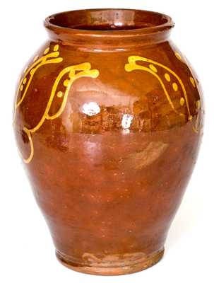 Rare and Fine Glazed PA Redware Jar with Elaborate Yellow-Slip Tulip Decoration