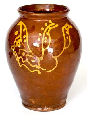 Rare and Fine Glazed PA Redware Jar with Elaborate Yellow-Slip Tulip Decoration