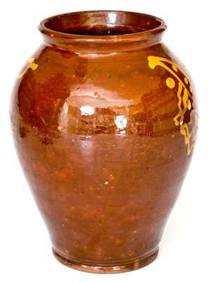 Rare and Fine Glazed PA Redware Jar with Elaborate Yellow-Slip Tulip Decoration