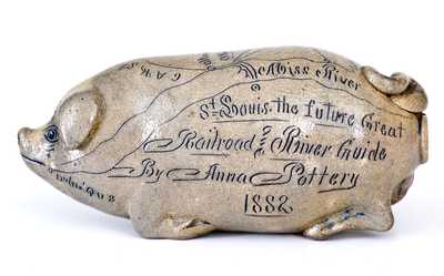 Exceptional Anna Pottery / 1882 Salt-Glazed Stoneware Pig Flask
