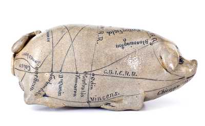 Exceptional Anna Pottery / 1882 Salt-Glazed Stoneware Pig Flask