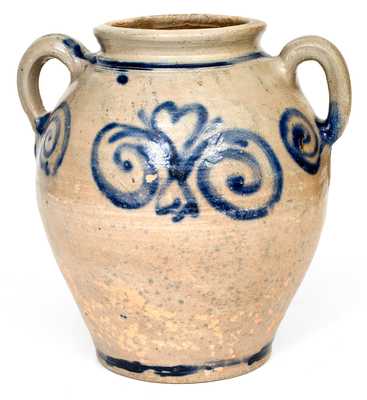 Exceptional Vertical-Handled Stoneware Jar w/ Watchspring Design, Manhattan or Cheesequake, NJ, c1775