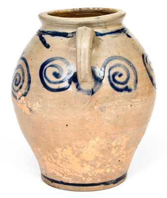 Exceptional Vertical-Handled Stoneware Jar w/ Watchspring Design, Manhattan or Cheesequake, NJ, c1775