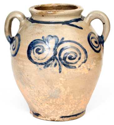 Exceptional Vertical-Handled Stoneware Jar w/ Watchspring Design, Manhattan or Cheesequake, NJ, c1775