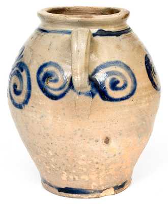 Exceptional Vertical-Handled Stoneware Jar w/ Watchspring Design, Manhattan or Cheesequake, NJ, c1775