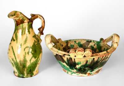 Shenandoah Valley Multi-Glazed Redware Pitcher and Bowl Set, attrib. J. Eberly & Co., Strasburg, VA, circa 1890