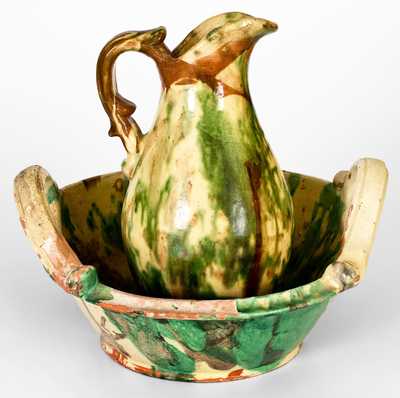 Shenandoah Valley Multi-Glazed Redware Pitcher and Bowl Set, attrib. J. Eberly & Co., Strasburg, VA, circa 1890