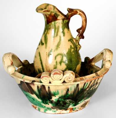 Shenandoah Valley Multi-Glazed Redware Pitcher and Bowl Set, attrib. J. Eberly & Co., Strasburg, VA, circa 1890