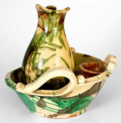 Shenandoah Valley Multi-Glazed Redware Pitcher and Bowl Set, attrib. J. Eberly & Co., Strasburg, VA, circa 1890