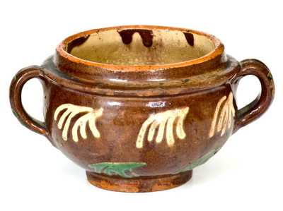 Very Rare Redware Sugar Bowl w/ Copper and White Slip Decoration, probably Hagerstown, MD, early 19th century