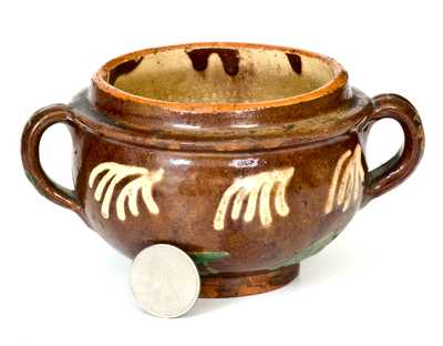Very Rare Redware Sugar Bowl w/ Copper and White Slip Decoration, probably Hagerstown, MD, early 19th century